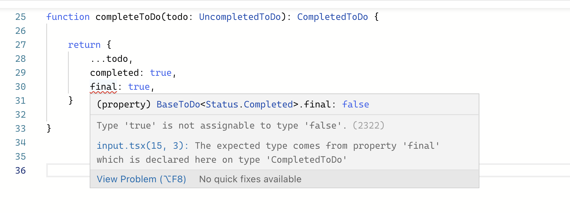 Tooltip de vscode mostrando un error al tratar de crear un objeto de tipo CompletedToDo con final igual a true